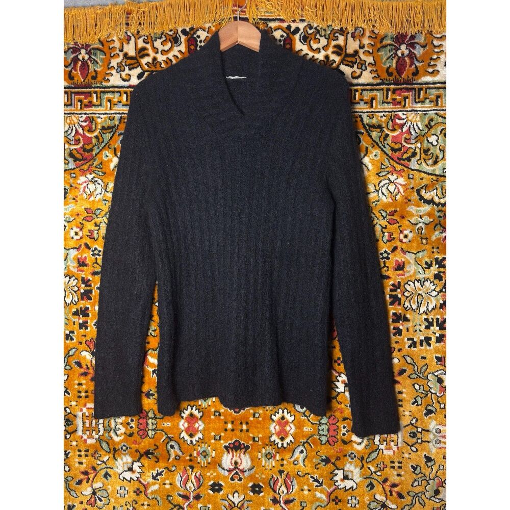 Italian Mohair Blend V-Neck Sweater Soft Fuzzy Black Stretch Knit sz L Italy